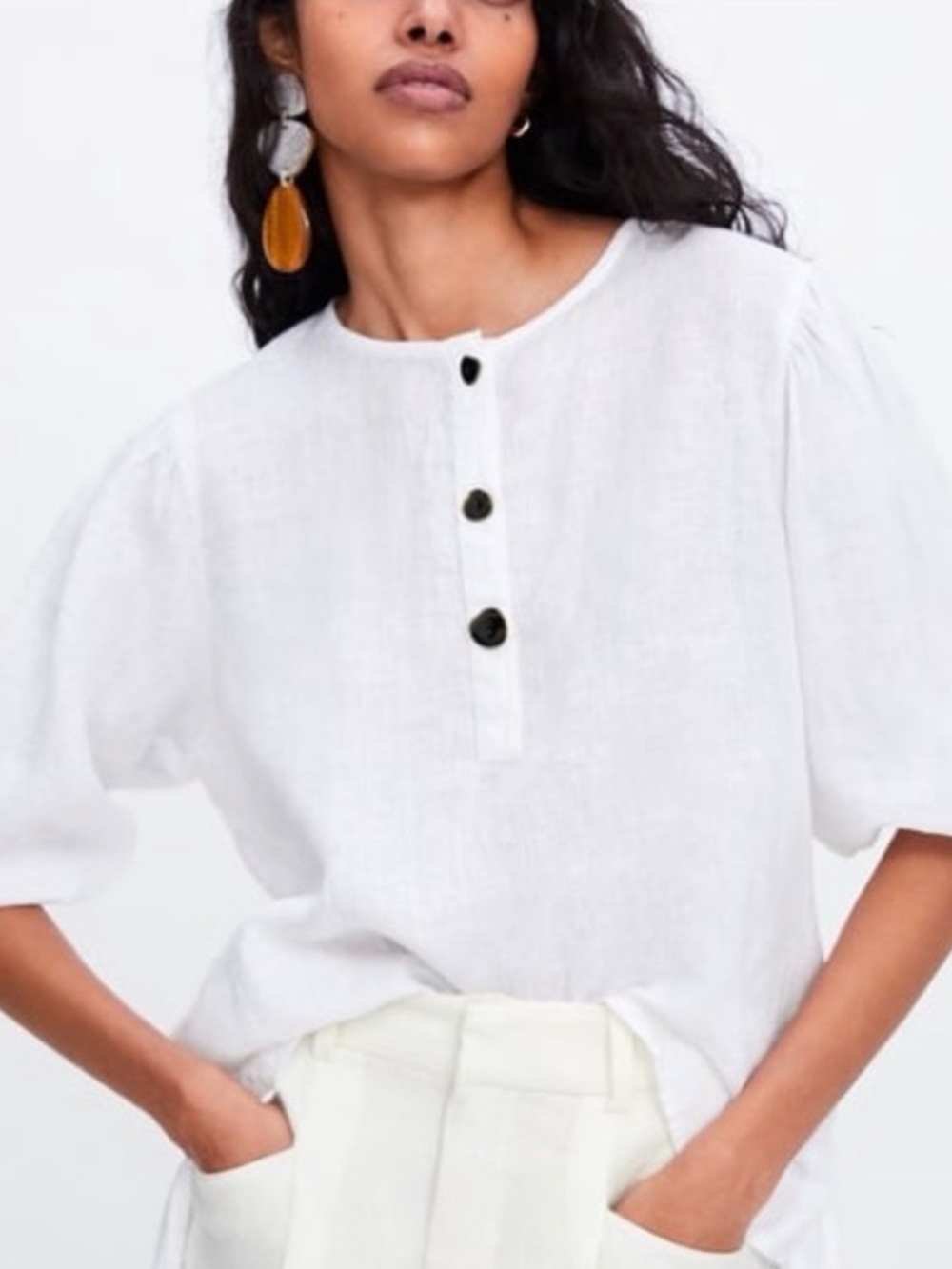 Zara White Linen 3/4 Sleeve Top (Size S)